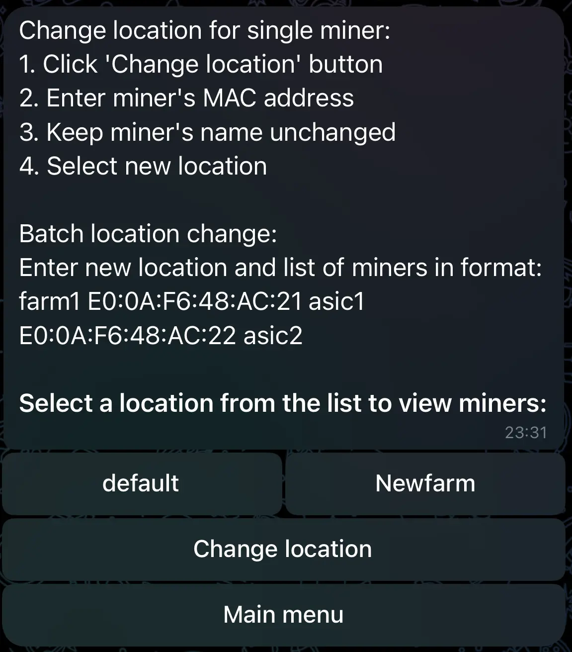 All miners menu in Vnish bot 2